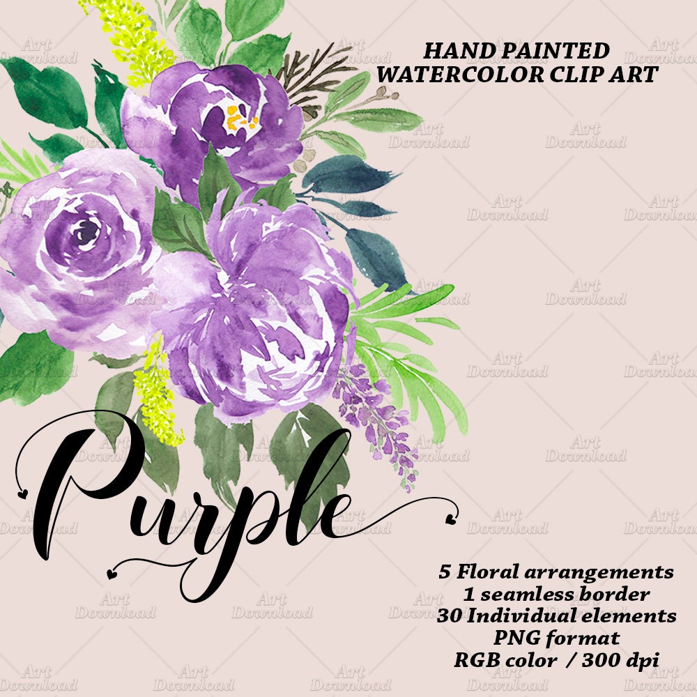 Purple Watercolor Flowers Summer floral Purple Peonies Roses | Etsy