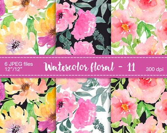 Watercolor flower digital paper - Watercolor floral backgrounds, Digital Scrapbook Paper, Floral digital paper, Watercolor roses, peony