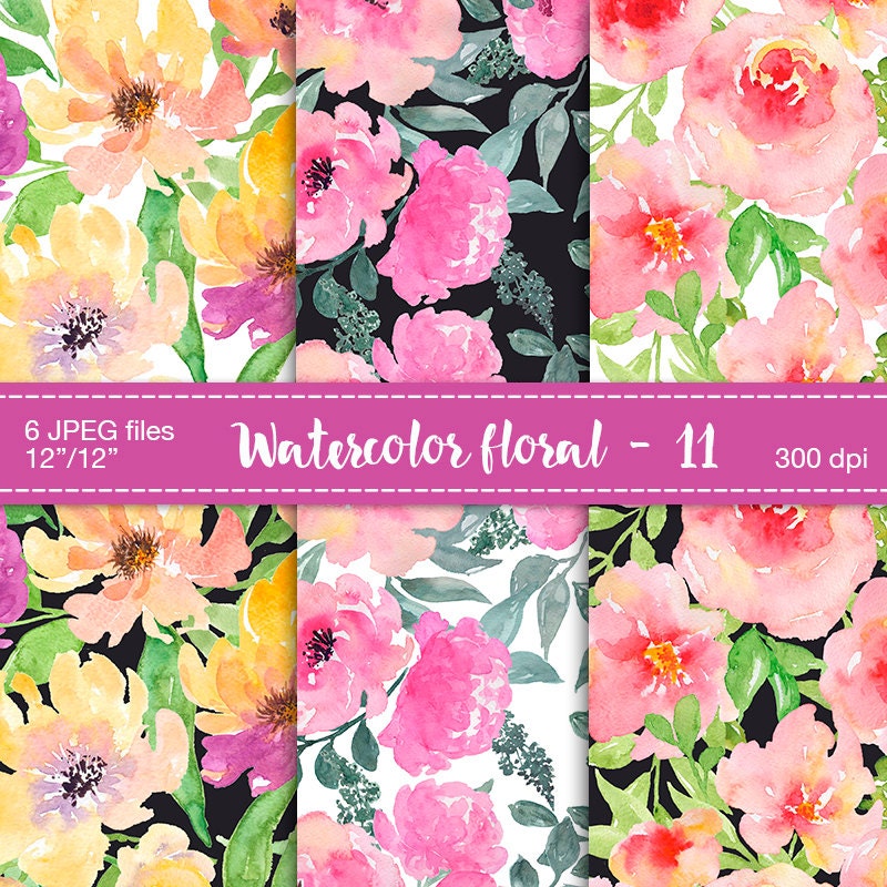 Watercolor Flower Digital Paper - Watercolor Floral Backgrounds ...