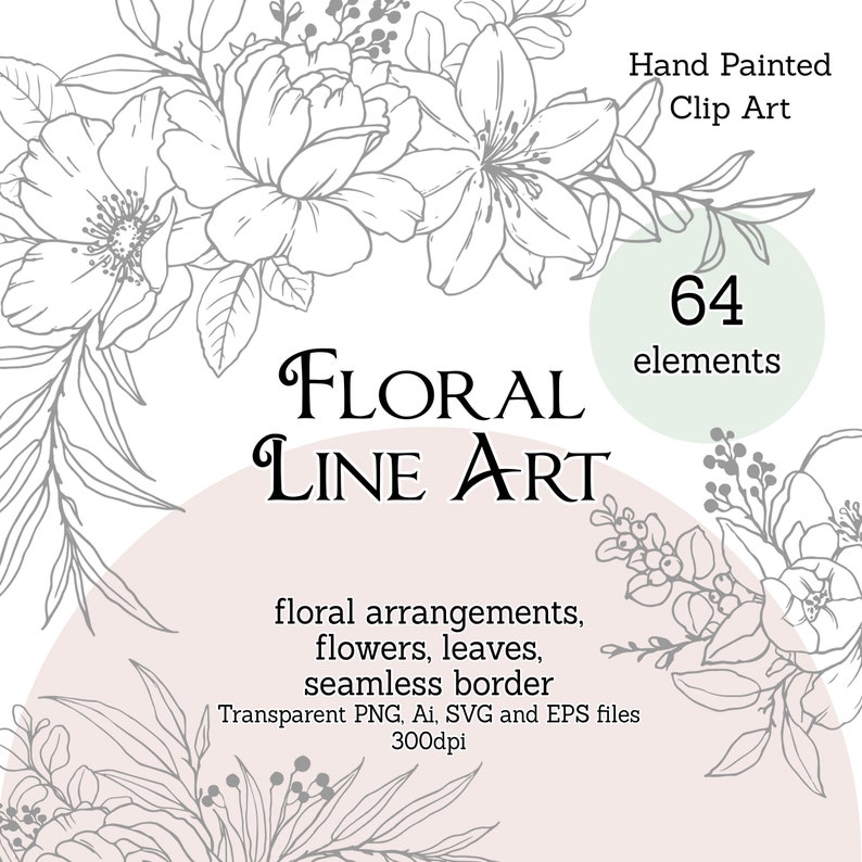 May include: A set of 64 hand-painted floral line art elements, including flowers, leaves, and arrangements. The elements are in black and white and are perfect for creating digital or physical designs.