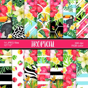 Tropical Digital Paper, Watercolor Tropical Flowers, Summer digital paper, Palm leaves paper, Digital pattern, Planner sticker resources