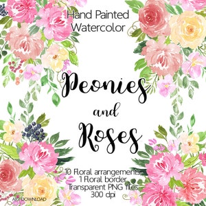 Watercolor Flower Clipart Peonies and Roses, Floral clipart, Hand painted clip art, Digital clipart, Flower watercolor png, Floral border image 4