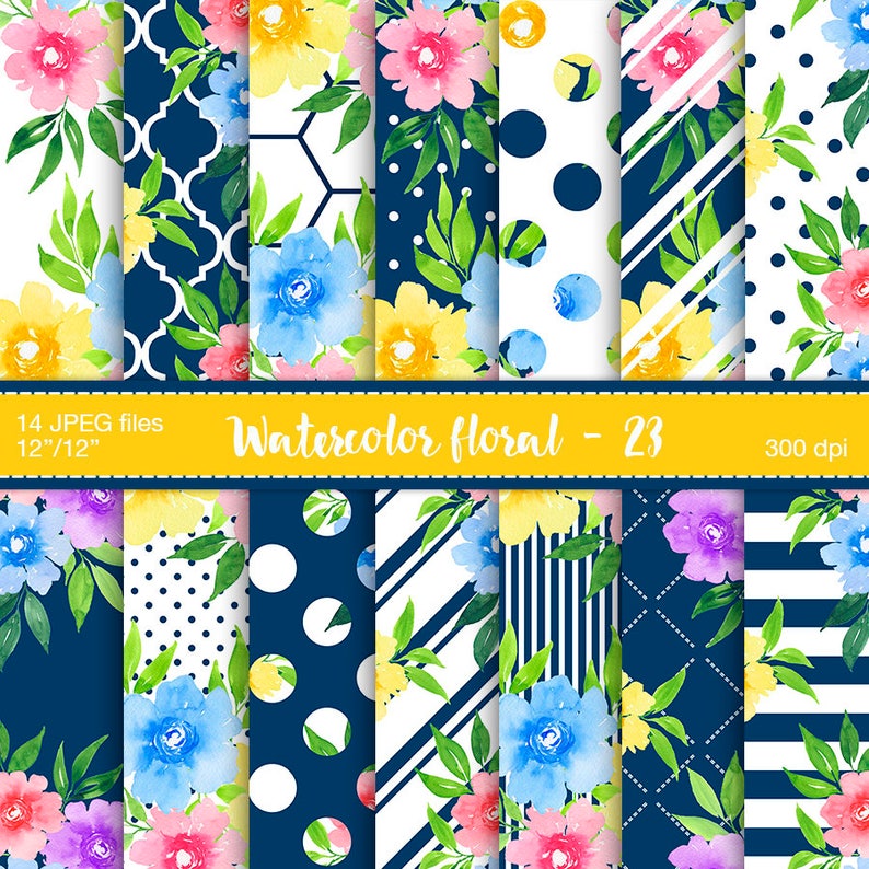 Watercolor floral digital paper, Planner stickers resources, Digital pattern, Summer floral, Scrapbooking paper, Blue, yellow, pink flowers image 1