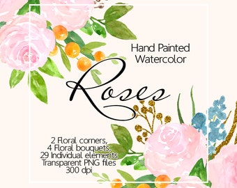 Watercolor Pink Roses - Watercolor Flower Clipart, Roses with Glitter, Clipart Hand Painted Watercolour, Digital Clip Art  Wedding Flowers