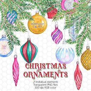 Clip Art di ornamenti natalizi ad acquerello - Palline di Natale, Rami di pino, Clipart natalizi ad acquerello, Palline di Natale digitali, Natale