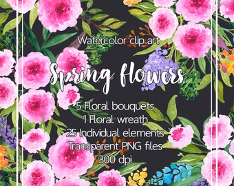 Watercolor Flowers Clip art - Digital Clipart Flowers,  Floral Bouquet, Wedding Wreathe, Bridal shower clipart, Handmade Watercolour clipart
