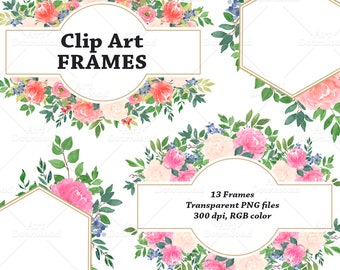 Floral frames Clip art, Clipart frame, Watercolor floral frames, Digital frame, Logo elements, Invitation clipart, Wedding watercolor frames