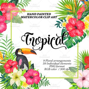 Watercolor Tropical Flowers Clipart, Watercolor Flower Clip Art, Tropical Leaves, Flower and Leaf, Hawaii Clipart, Hibiscus Flowers, Summer