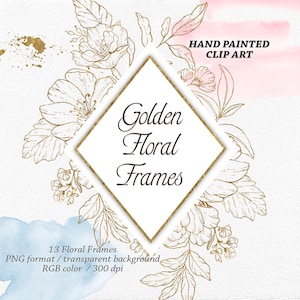 Clipart de molduras florais douradas, flores gráficas douradas, molduras geométricas, flores gráficas douradas, clipart de casamento, flores de primavera, clipart dourado