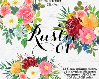 Watercolor Rustic Floral Clipart - Flower Watercolour Clipart, Wedding Flowers, Autumn flowers, Rustic wedding, Planner Supplies, Flower PNG