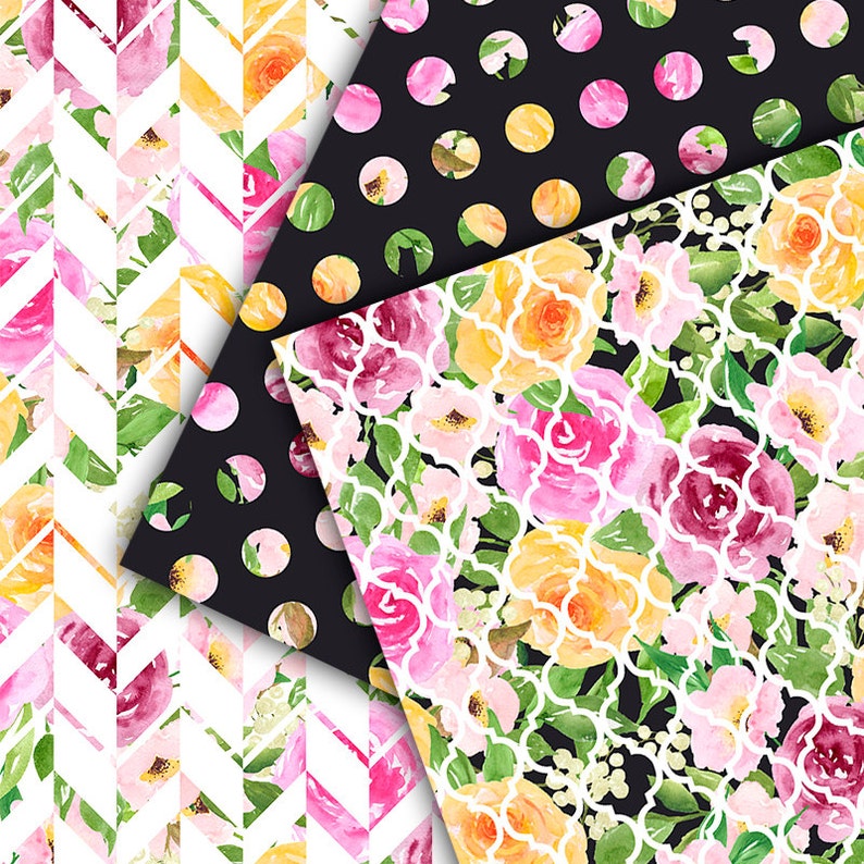Watercolor polkadot digital paper Stripe watercolor digital paper Roses Watercolor Digital Paper Watercolor floral digital papers