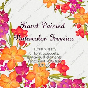 Clipart de flores em aquarela - Freesia Bloom, flores de clipart digital, ramalhetes de primavera, flores pintadas à mão, flores de frésia, cartões de felicitações