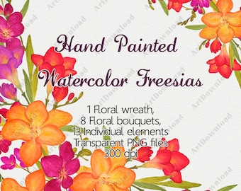 Watercolor flowers clipart - Freesia Bloom, Digital clip art flowers, Spring posies, Hand Painted flowers, Freesia Flowers, Greetings Cards