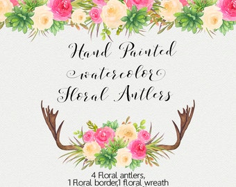 Watercolor floral antlers - Clip art antlers and flowers, Watercolor Succulent, Roses and Antlers, Floral border, Watercolor flowers, Wreath