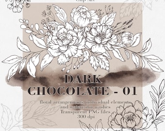 Dark Chocolate Floral Graphic Clipart, Hand Drawn Flower, Modern Flowers, Flower Outline, Wedding Graphic, Floral Arrangements, Flower PNG
