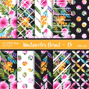 Floral digital paper - Watercolor paper pack, Digital paper flowers, Digital scrapbook paper, Watercolor polkadot digital paper, Peony paper