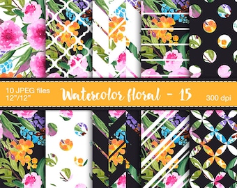 Floral digital paper - Watercolor paper pack, Digital paper flowers, Digital scrapbook paper, Watercolor polkadot digital paper, Peony paper