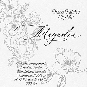 Magnolie - Umriss Grafik Blumen, Linie Kunst Blume, Umriss Clipart, Hochzeit Clip Art, Hand gezeichnete Vektor Blumen, digitale Blumen Clipart