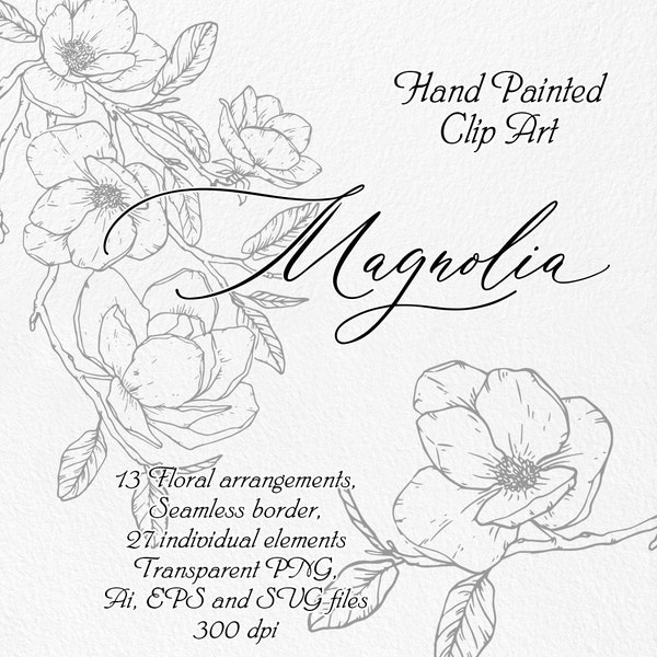 Magnolia - Outline Graphic Flowers, Line Art Flower, Outline Clipart, Wedding clip art, Hand Drawn Vector Flowers, Digital Floral Clipart