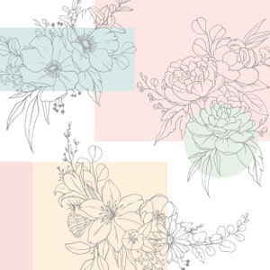 May include: A digital illustration of three bouquets of flowers in various shades of pink, blue, and yellow. The flowers are outlined in gray and are arranged in a geometric pattern.