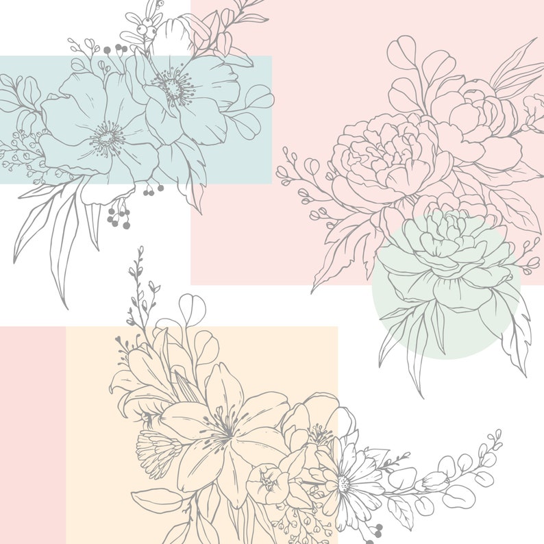 May include: A digital illustration of three bouquets of flowers in various shades of pink, blue, and yellow. The flowers are outlined in gray and are arranged in a geometric pattern.