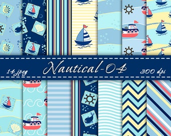 Nautical digital papers - Scrapbook pack, nautical scrapbook paper, boats, starfish, octopus, sailboats, stripes, anchors, waves, sea