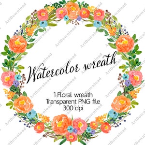 Watercolor floral wreath clipart - Hand painted wreath, Digital frame, Wedding wreath, DIY Invitations, Watercolor Digital wreath