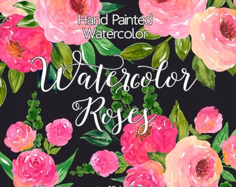 Watercolour Flower Clip Art - Hand Painted Watercolor Roses, Pink Flower Bouquet Clip Art, Digital Clipart flowers