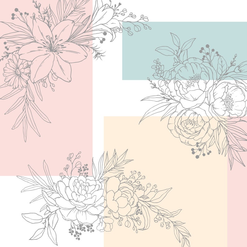 May include: A digital illustration of a floral design with lilies and peonies in a gray outline on a background of pastel pink, blue, and yellow squares.