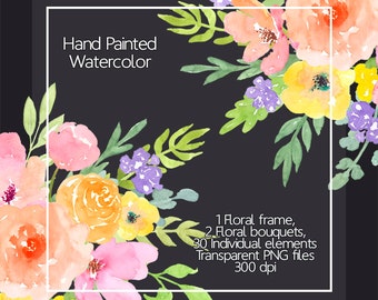 Watercolor Floral Clip Art - Watercolor Floral Frame, Flawers Watercolor, Spring Flowers, Hand Painted Watercolour, Digital Clip Art Flower