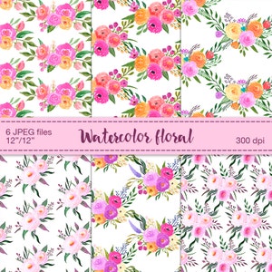 Watercolor floral digital papers - Digital Scrapbooking Paper, Floral Background, Watercolor flowers, Printable papers, Floral patterned