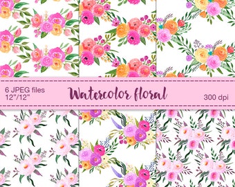 Watercolor floral digital papers - Digital Scrapbooking Paper, Floral Background, Watercolor flowers, Printable papers, Floral patterned