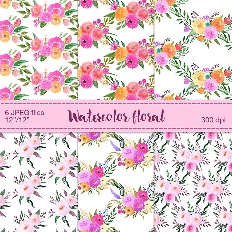 Watercolor Floral Digital Papers Digital Scrapbooking Paper Etsy