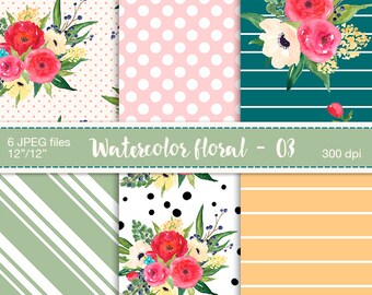 Digital floral papers - Watercolor floral patterns, Watercolor flowers, Flowers Patterns, Digital Scrapbooking Paper, Printable paper