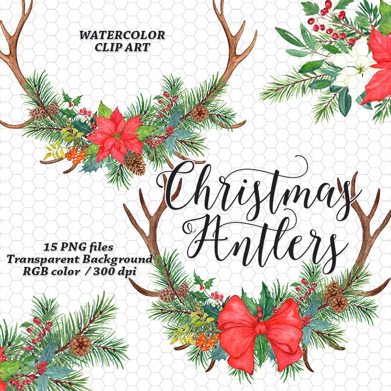 Christmas Antler Clipart Floral Antlers Clip Art Watercolor | Etsy