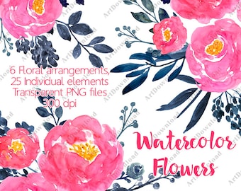 Watercolor flower clipart - Floral Bouquet Clipart, Hand drawn clipart flowers, Peonies Roses clip art, Bridal clipart, Watercolor bouquets