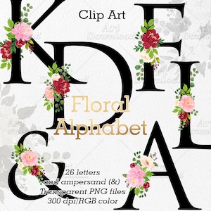 Clip Art Floral Alphabet, Cartas de Monograma de Boda, Iniciales Florales, Clipart del Alfabeto Floral, Fuente Floral, Diseño del Logotipo, Alfabeto Clip Art