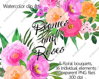 Flower Clipart  - Watercolour peonies and roses, Watercolor floral clip art,  Pink floral bouquet , Hand Painted, Digital Clipart flowers