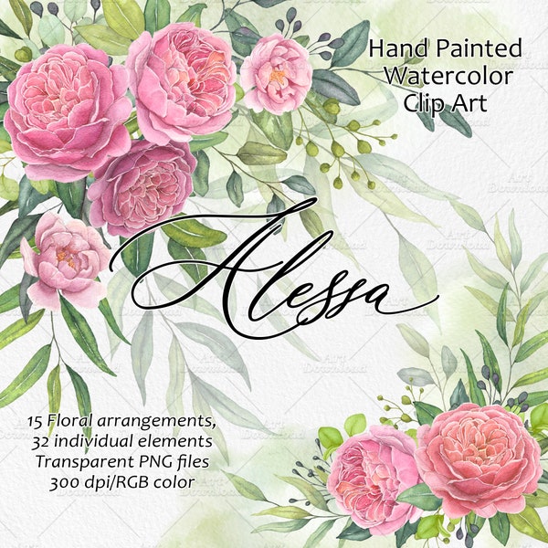 Alessa - Aquarell Floral Clipart, Hochzeit ClipArt, Rosen ClipArt, Blume PNG, digitale Blumen, Aquarell Blumen, Sommer Blumen Clipart