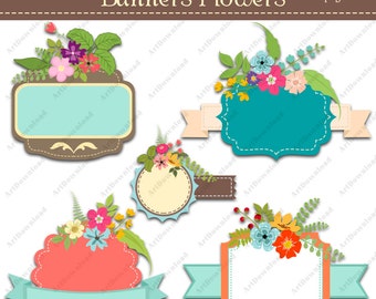 Banners flowers - Clip art banner, Floral Frames, Digital banners, Clip art scrapbooking, for Personal Or Commercial Use