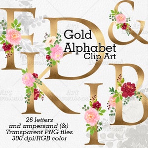 Alfabeto de ouro, clipart de alfabeto de folha de ouro, alfabeto de casamento, letras florais digitais, clipart de alfabeto floral, letras de monograma dourado