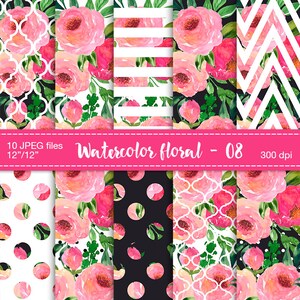 Aquarell Blumen digitale Clipart - Floral Digitale Papier, Digital Scrapbook Papier, Floral gemusterten, Blumenmuster Papiere, Blumen-Muster