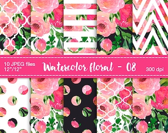 Watercolor flowers digital clipart - Floral digital paper, Digital Scrapbook Paper, Floral patterned, Floral pattern papers, Flowers pattern