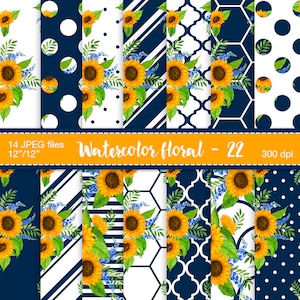 Sunflower digital paper - Watercolor digital paper, Watercolor flowers, Navy and Yellow paper, Summer digital paper, Sunflower Background
