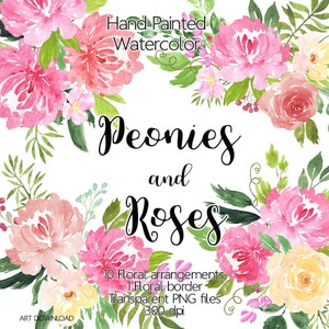 Watercolor Flower Clipart Peonies and Roses, Floral clipart, Hand painted clip art, Digital clipart, Flower watercolor png, Floral border image 2