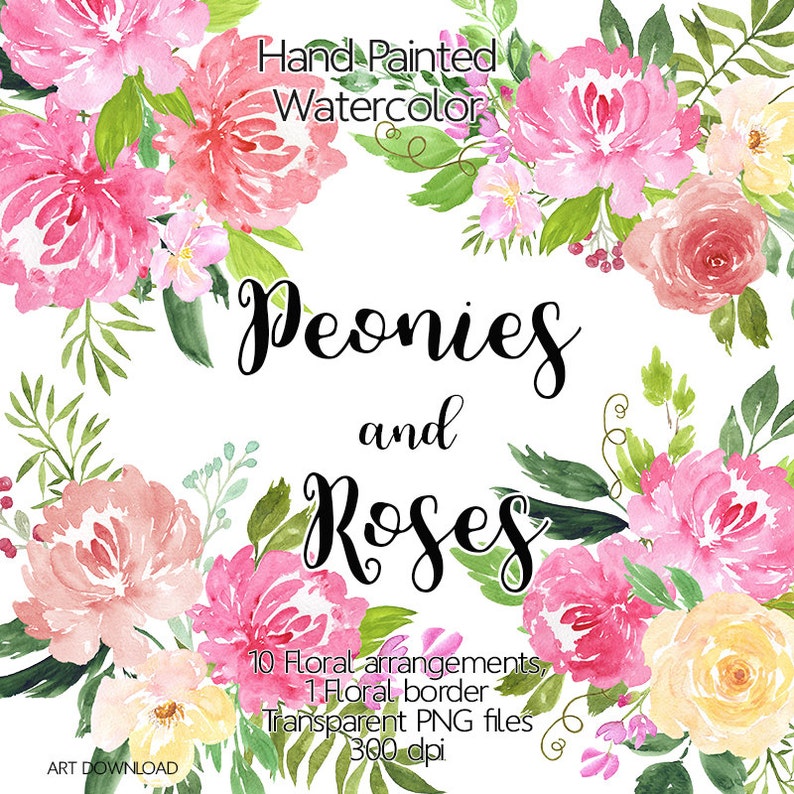 Watercolor Flower Clipart Peonies and Roses, Floral clipart, Hand painted clip art, Digital clipart, Flower watercolor png, Floral border image 2