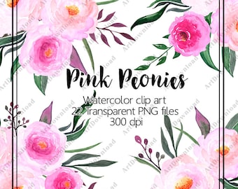 Pink Peonies - Watercolor Flower Clipart, Watercolor posies, Wedding flowers clip art, Hand Painted, Digital Clipart flowers