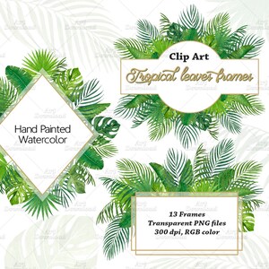 Cadres de feuilles tropicales, Cadres aquarelle, Images clipart tropicales, Images clipart verdure, Feuilles aquarelles, Image clipart mariage et Éléments de logo