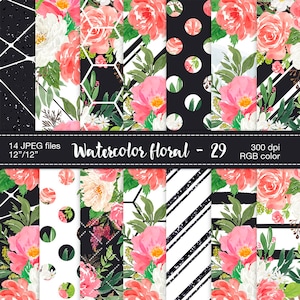 Floral Digital Paper Pack, Watercolor Digital Paper, Romantic Flowers Paper, Floral pattern, Flower Background, Planner stickers resources