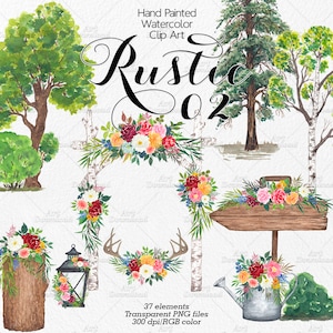 Acuarela Rustic Wedding Clipart - Flores rústicas, árboles, astas florales, linternas, elementos rústicos, flor de acuarela, flores de imágenes prediseñadas PNG